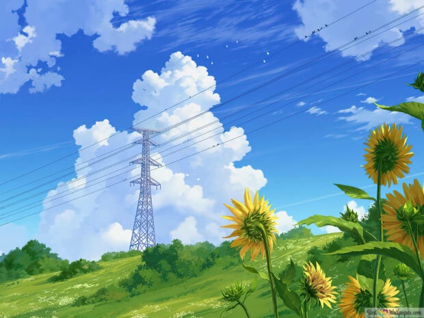 A bright summer day with sunflower field and electric tower under blue sky