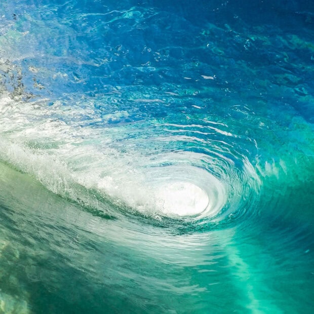 A clear ocean wave curling under bright sunlight with vibrant water colors