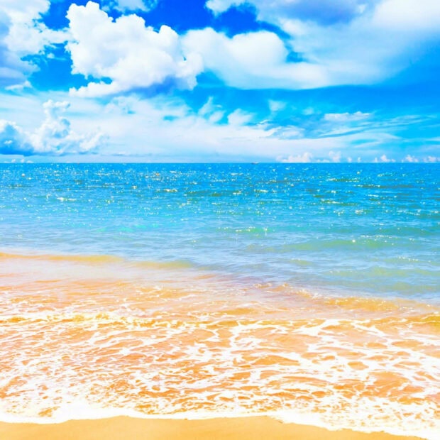 A peaceful summer ocean scene with bright sand and a clear blue sky