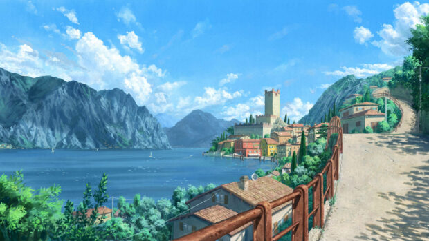 Summer view of lake and mountains with village and clear sky in summer scene