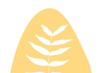 Minimalist blue vase with white leaves illustration on a yellow background