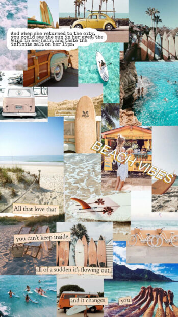 A collage of summer beach scenes with surfboards and coastal views showcasing summer vibes