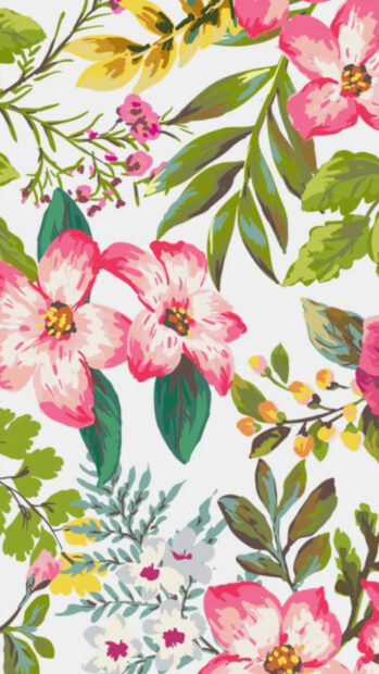 Vibrant summer flowers and green leaves design on white background