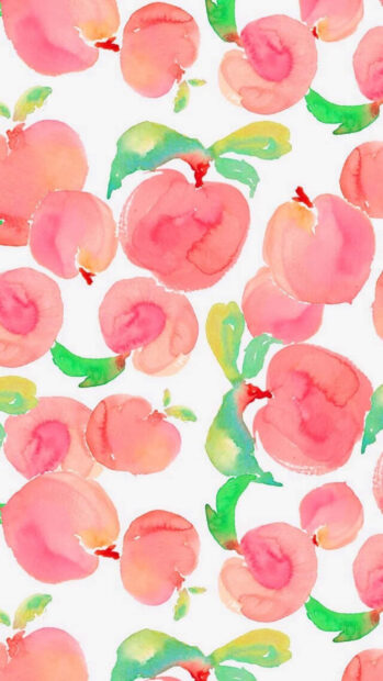 Watercolor peaches with green leaves in a summer fruit pattern