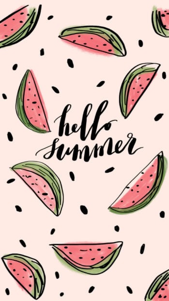 Watermelon slices with hello summer text on a light background