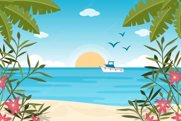 A serene beach scene with summer plants and a boat sailing near the horizon at sunset