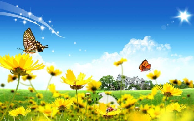 Bright flowers and butterflies decorate a green field under a clear blue sky in summertime