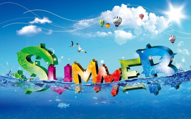 Colorful creative summer letters floating on water with fish and hot air balloons