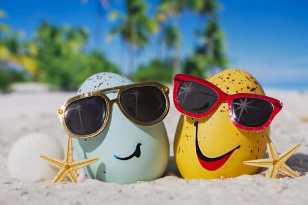 Two colorful summer eggs wearing sunglasses with starfish on sandy beach