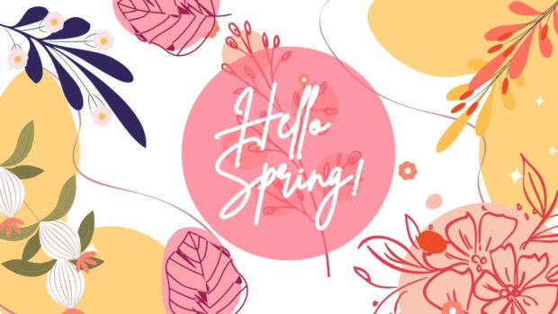 Pink circle center features white script text, surrounded by abstract orange, pink, blue, and green floral elements on a white canvas