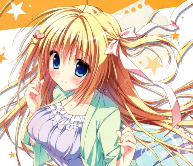 Anime character smiles, wears pastel clothing, surrounded by decorative stars