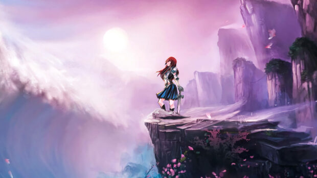 Anime girl stands on a jagged cliff edge, gazing over a misty, purple valley under a soft moon, cherry blossoms falling
