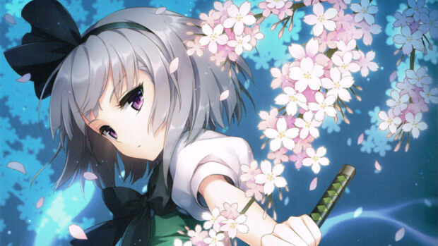 Anime girl gazes with purple eyes, framed by falling pink cherry blossoms while holding a sword hilt
