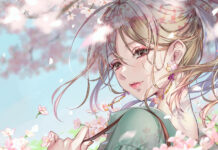 Anime girl smiles gently with long hair flowing, surrounded by soft pink cherry blossoms under a bright sky