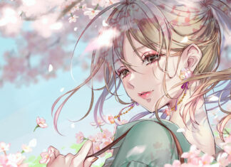 Anime girl smiles gently with long hair flowing, surrounded by soft pink cherry blossoms under a bright sky