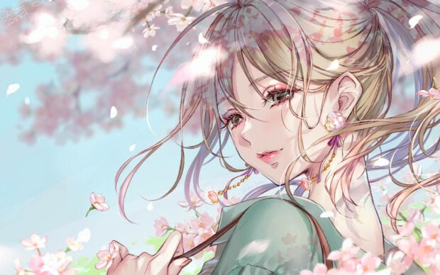 Anime girl smiles gently with long hair flowing, surrounded by soft pink cherry blossoms under a bright sky