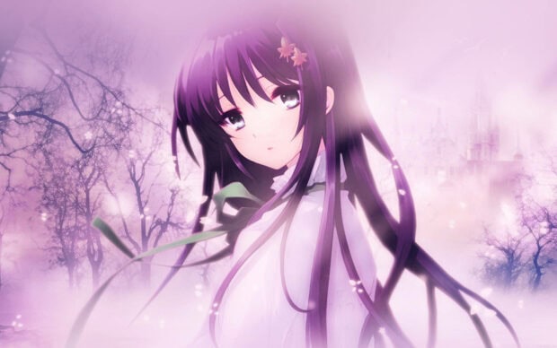 An anime girl with long purple hair gazes forward through a soft, misty purple landscape featuring silhouetted trees and a distant castle