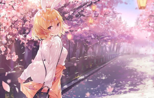 An anime girl with bunny ears walks along a path, smiling as she is surrounded by blooming cherry blossom trees