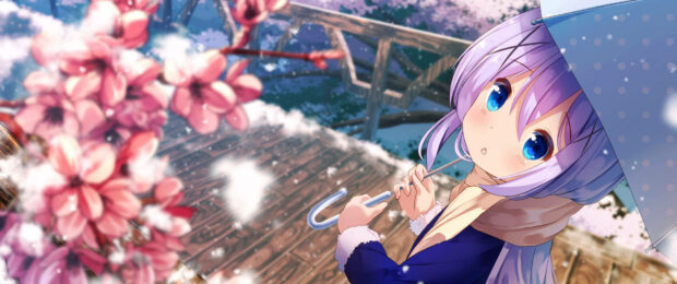 A charming anime girl holds a light blue umbrella amidst falling snowflakes, with soft pink cherry blossoms framing the foreground