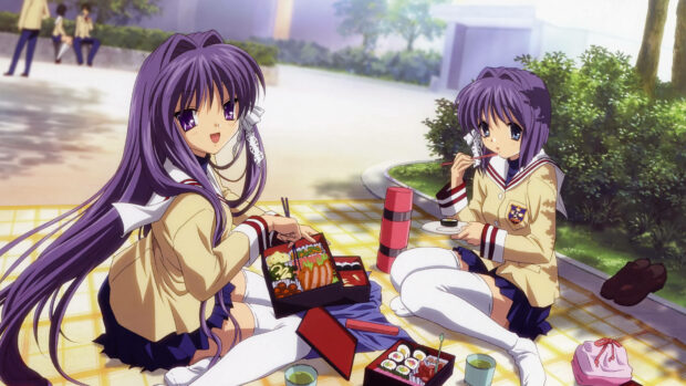 Two anime girls with long purple hair sit outdoors on a tiled patio, eating bento box lunches and sharing a moment during a school break, surrounded by greenery