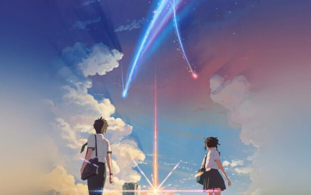 Animated students gaze up as vibrant comet trails streak across a dramatic, cloudy sky