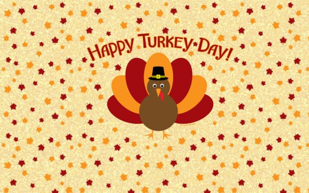 Cartoon turkey in a pilgrim hat stands amidst a field of falling autumn leaves, wishing a happy day