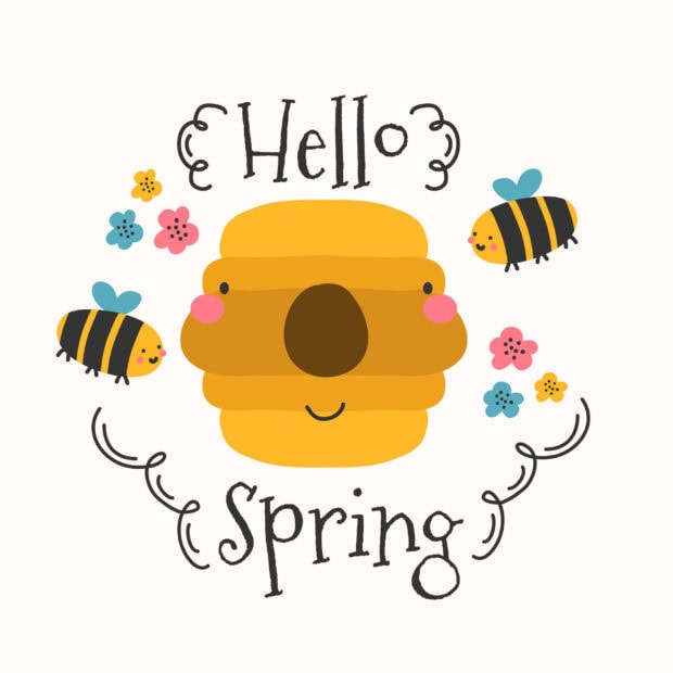Cartoon bees buzz around a charming beehive, surrounded by colorful blossoms and decorative script
