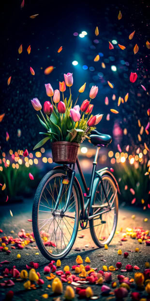 A vintage bicycle carries a basket filled with colorful tulips, resting on a path scattered with fallen petals under soft, blurred evening lights