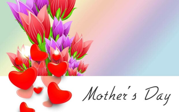 Vibrant floral arrangement and red hearts adorn the left side, creating a festive design with 