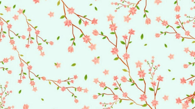 Pink cherry blossom branches spread, green leaves dot a light teal background, creating a repeating floral pattern