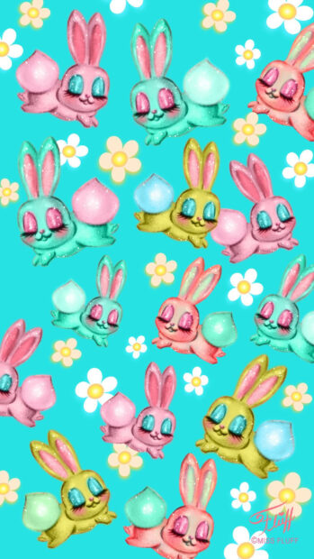 A vibrant pattern of sparkling cartoon bunnies hop, each holding a pastel peach or bubble, set against a bright blue background with small white flowers, offering a high-resolution visual