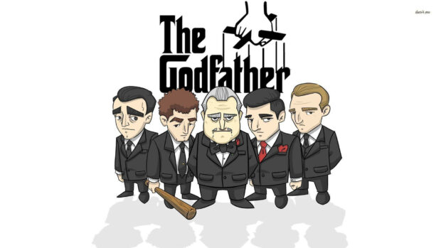 Stylized cartoon figures representing the main characters stand in a line below the movie title logo