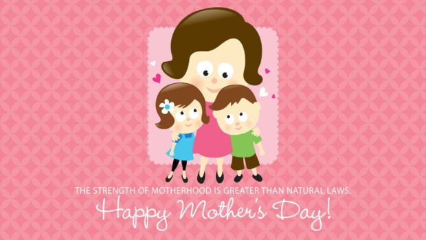 Cartoon mother stands with daughter and son, surrounded by tiny hearts on a pink patterned background