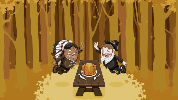 Cartoon pilgrim and Native American characters high-five while floating over a picnic table with a roasted turkey, set in an autumn forest
