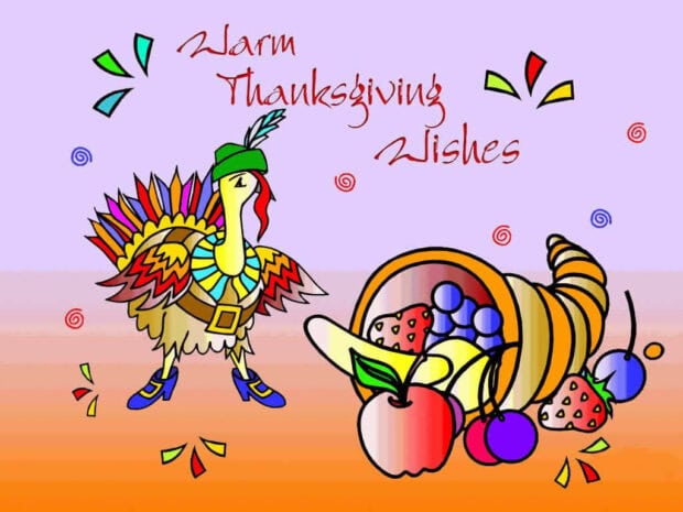 A colorful cartoon turkey wearing a pilgrim hat stands beside a cornucopia overflowing with strawberries, grapes, an apple, and a banana, with 