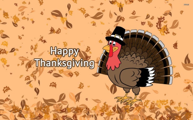 A cheerful cartoon turkey wears a pilgrim hat, standing amidst falling autumn leaves on a light orange background, beside festive text