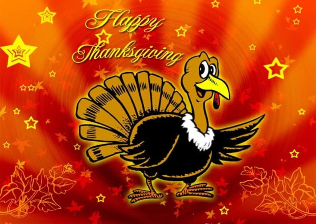 A cheerful cartoon turkey stands prominently against a swirling orange background decorated with stars and leaf outlines
