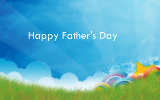 Happy Father's Day message displays on a vibrant blue sky with sun rays, green grass grows below, and colorful abstract shapes emerge from the right in high-definition