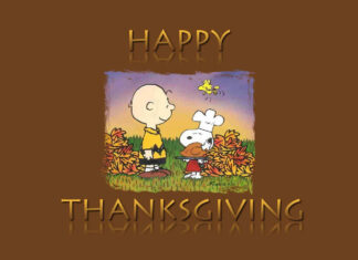 Charlie Brown watches Snoopy, dressed as a chef, carry a roasted turkey while Woodstock flies overhead among colorful autumn leaves