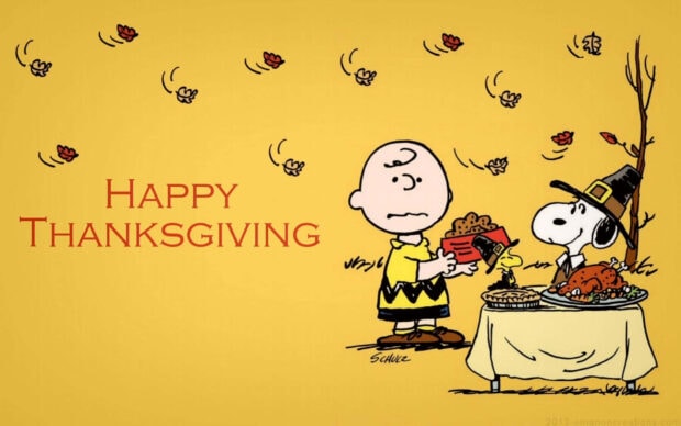 Charlie Brown and Snoopy prepare a holiday meal, with Snoopy dressed as a pilgrim beside a table laden with food, as autumn leaves drift across the yellow sky