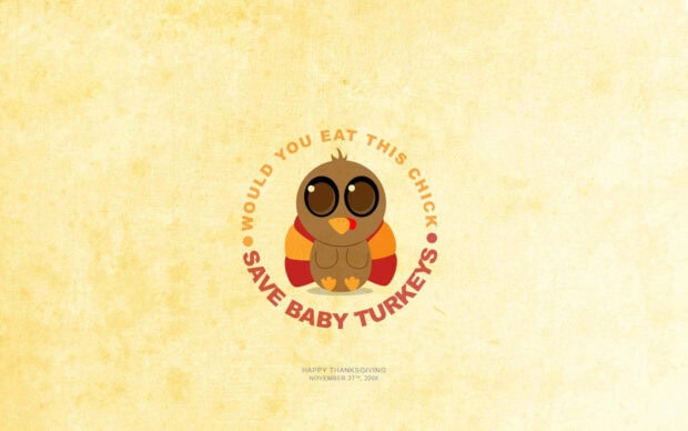 A cute, round cartoon baby turkey sits centrally within a circular message reading 