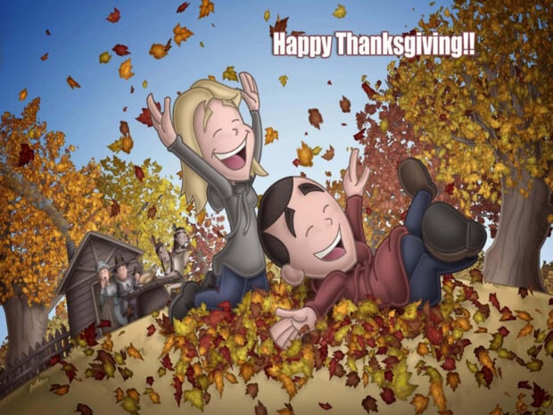 Two animated children joyfully toss colorful autumn leaves into the air, with pilgrims observing in the background