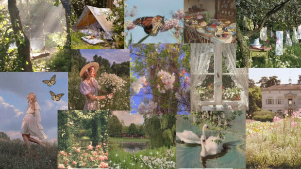 Various pastoral scenes blend into a whimsical collage, showcasing idyllic outdoor moments and serene landscapes