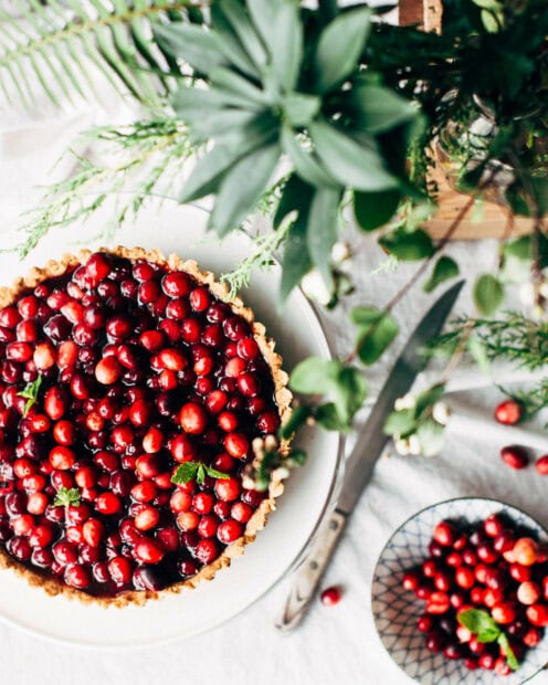 A vibrant cranberry tart, garnished with mint, sits on a white plate next to a knife and a bowl of fresh cranberries, surrounded by lush green foliage