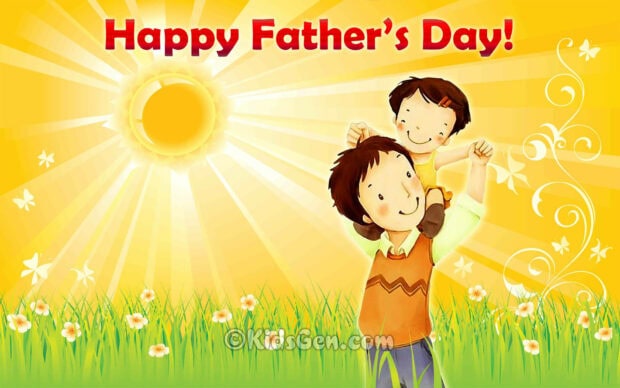 Father carries child on shoulders, both smiling brightly in a vibrant sunny field with 