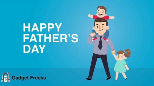 A cartoon father carries his son on shoulders and holds his daughter's hand, walking together on a bright blue background with 