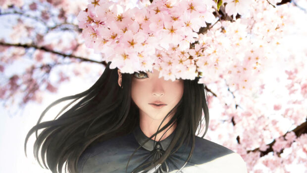Woman gazes directly forward, her dark hair flowing, framed by a vibrant cascade of light pink cherry blossoms