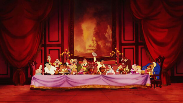 Beloved animated characters gather around a lavish dinner table in a grand red hall, enjoying a festive banquet as a candelabra serves dishes