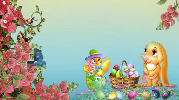 A cheerful bunny and chick celebrate surrounded by colorful Easter eggs, framed by vibrant pink blossoms and playful butterflies on a gradient background