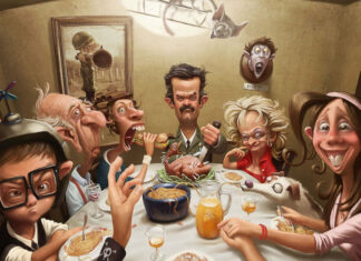 Caricatured family gathers around a dinner table, displaying wildly exaggerated expressions during a holiday meal, rendered in vivid high resolution